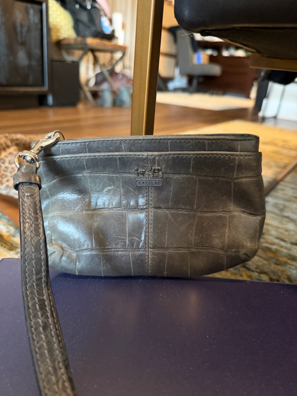 Coach Black/grey  Croc-Embossed Leather Wristlet with Silver Hardware